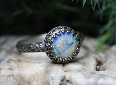 Opal Ring * Solid Sterling Silver Ring* Floral Band * Full Moon * 10mm Monarch Opal *  Any Size - image2